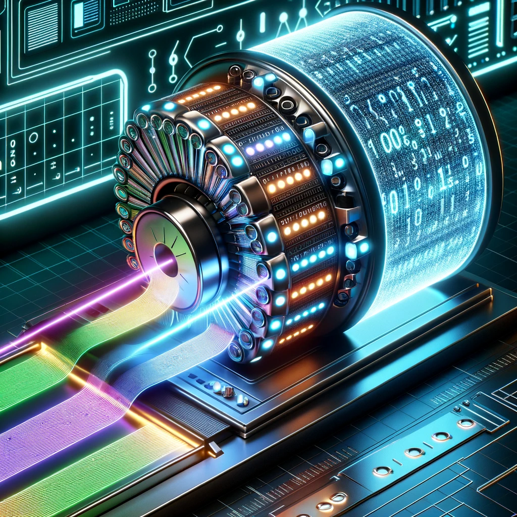 DALL·E 2024-03-09 13.10.12 - A modernized illustration of a Turing machine, featuring a sleek, futuristic design. The tape is represented as a holographic display, extending infin.webp